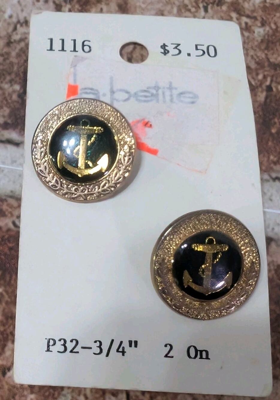Vintage Lansing Buttons Gold Black Anchors Design Set of 2 | New on Package